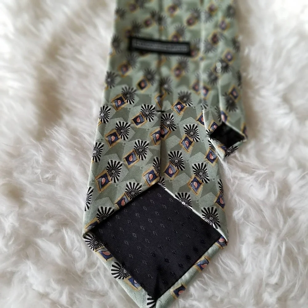 Vtg 90s mens silk tie Alexander Lloyd mint green geometric extra long 65 length